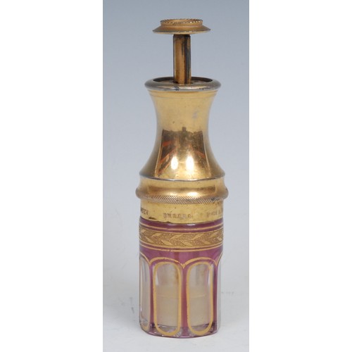 1232 - An early 20th century French gilt metal and cranberry flashed glass perfume or scent atomiser, Le Pa... 