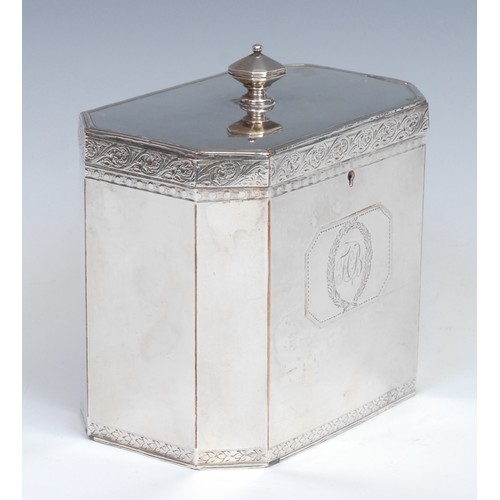 514 - A George III Old Sheffield Plate canted rectangular tea caddy, hinged cover with knop finial, enclos... 