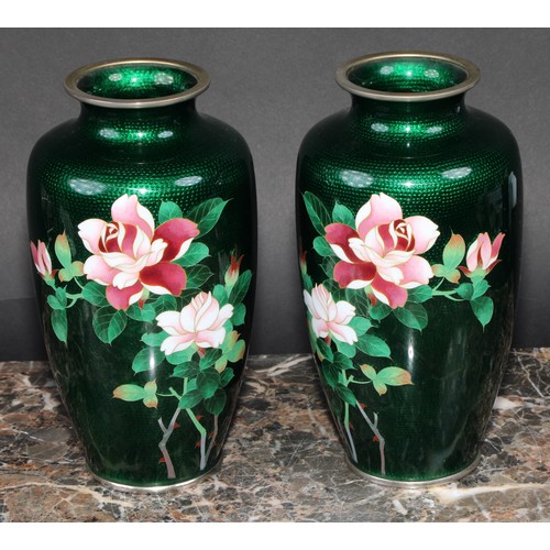 376 - A pair of Japanese ginbari and cloisonné enamel ovoid vases, each decorated with flowers and bamboo ... 