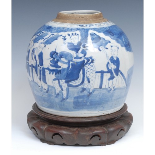 341 - A large Chinese ovoid ginger jar, painted in tones of underglaze blue with a procession of figures, ... 