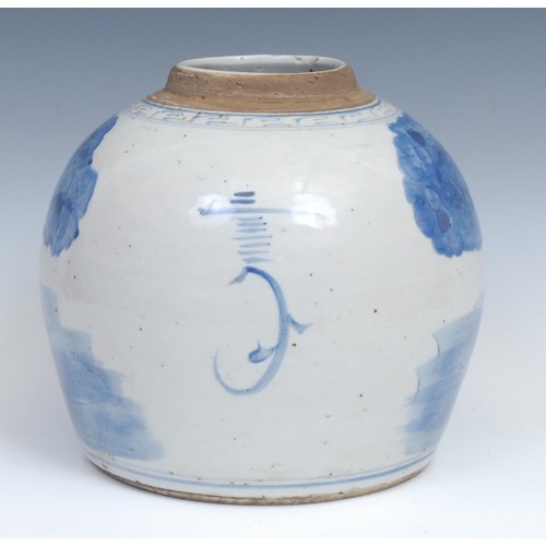 341 - A large Chinese ovoid ginger jar, painted in tones of underglaze blue with a procession of figures, ... 