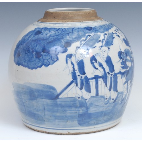 341 - A large Chinese ovoid ginger jar, painted in tones of underglaze blue with a procession of figures, ... 