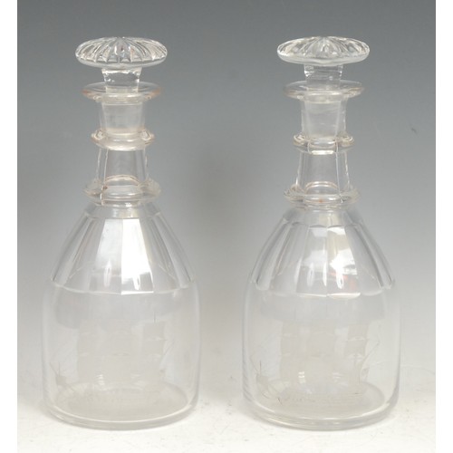 316 - A pair of 19th century mallet shaped decanters, each etched with a ship in full sail, 26cm high, c.1... 