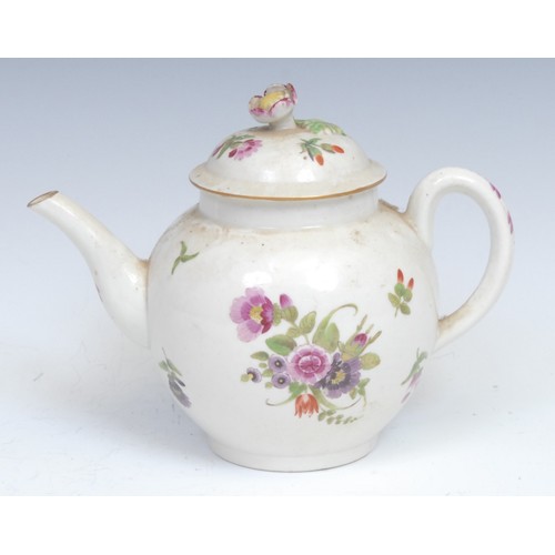 206 - A Worcester globular teapot and cover, painted in polychrome with summer flowers, 14.5cm high, c.177... 