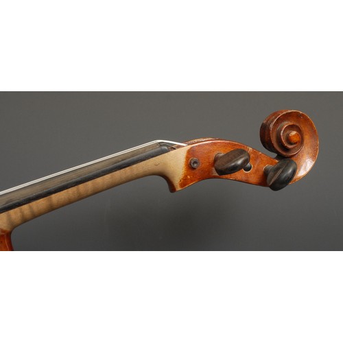 2566 - A violin, the two-piece back 36.5cm long excluding button, paper label printed Nachahmung von Vuilla... 