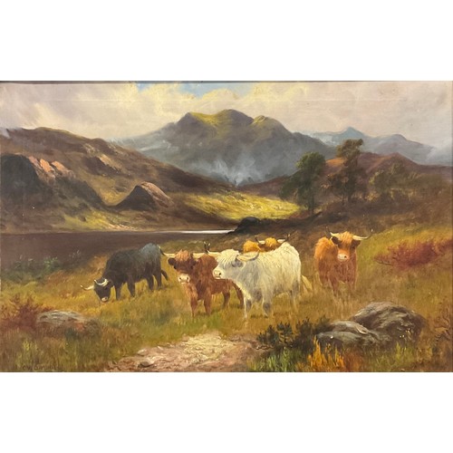 972 - Charles W. Oswald (British, early 20th century) 
a pair, Highland Cattle - Dawn and Dusk
signed, oil... 