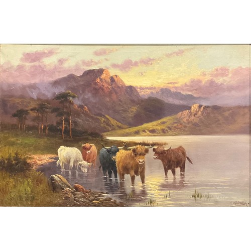 972 - Charles W. Oswald (British, early 20th century) 
a pair, Highland Cattle - Dawn and Dusk
signed, oil... 