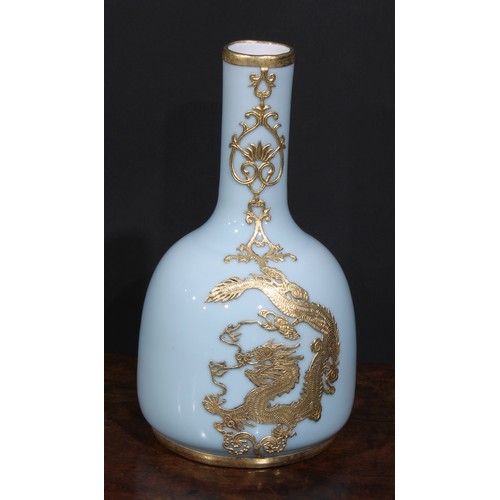 389 - A Chinese celadon type mallet shaped vase, gilt metal mounted, with ferocious dragons and stylised f... 