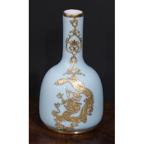 389 - A Chinese celadon type mallet shaped vase, gilt metal mounted, with ferocious dragons and stylised f... 