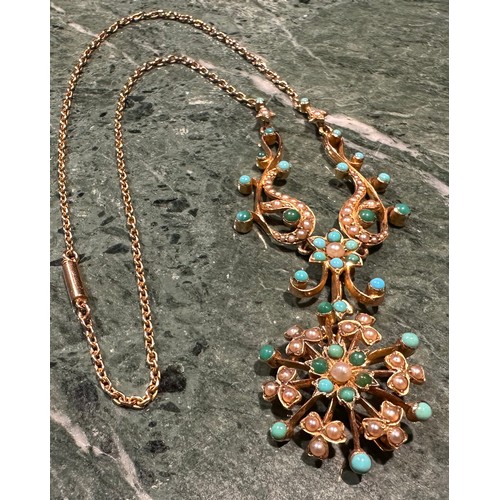 895 - A late 19th century Belle Époque turquoise, seed pearl and gold coloured metal necklace, the cabocho... 