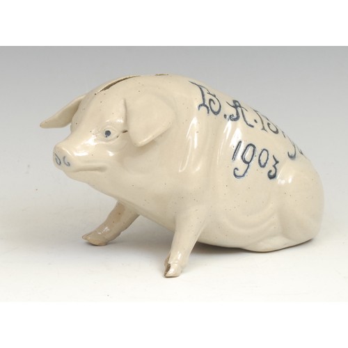 158 - A Denby stoneware sgraffito money box as a pig, inscribed in the manner of Horace Elliot, 
