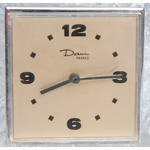 289 - A Daum Volcanic Craters pattern glass mantel timepiece, 9.5cm square clock dial with Arabic numerals... 