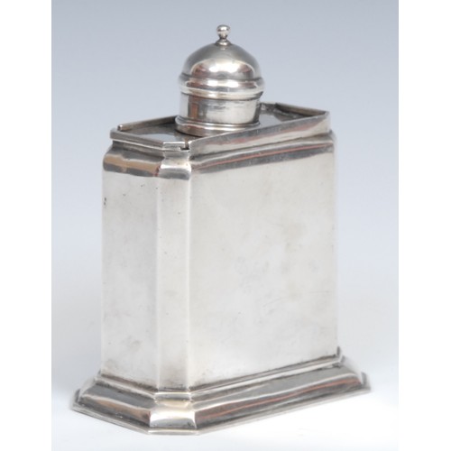 679 - A Queen Anne design silver coloured metal canted rectangular tea caddy, push-fitting cap and sliding... 