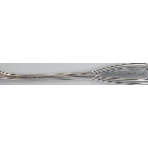 510 - Tiffany & Co - an American silver St Dunstan pattern  teaspoon, 15cm long; a George III silver Fiddl... 