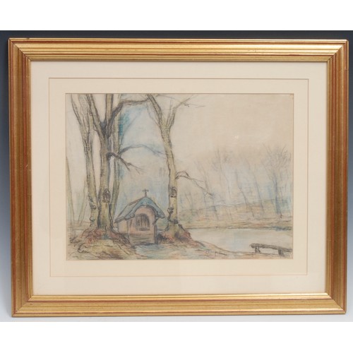 1053 - Paul Hagemans (Belgian 1884 - 1959)
Chapel on the Lake
signed, dated 1957, pastel sketch, 27cm x 36c... 