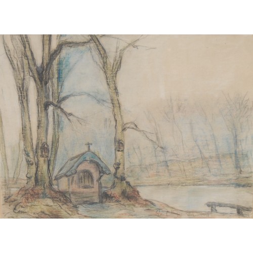 1053 - Paul Hagemans (Belgian 1884 - 1959)
Chapel on the Lake
signed, dated 1957, pastel sketch, 27cm x 36c... 