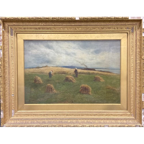 1155 - George Aikman (19th century)
harvest scene with cottage and estuary,
signed, oil on canvas, 49cm x 7... 