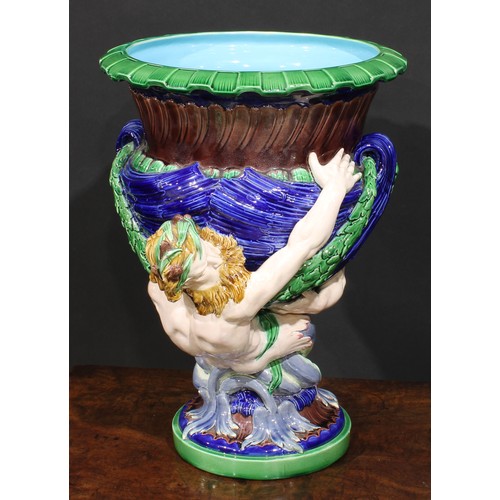 146 - An 19th century Minton majolica campana jardinière, moulded as a rocaille-shell, suspended with leaf... 
