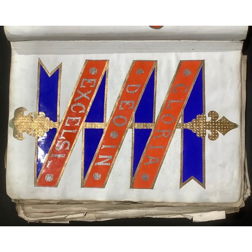 1737 - A 19th century scrap album, containing a collection of arms, crests, coins, flags, medals, orders, r... 