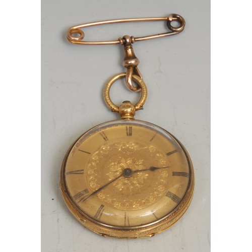 850 - A 19th century 18ct gold cased open face pocket watch, gilt floral dial, Roman numerals, blued spade... 