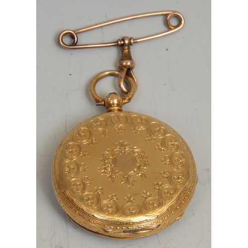 850 - A 19th century 18ct gold cased open face pocket watch, gilt floral dial, Roman numerals, blued spade... 