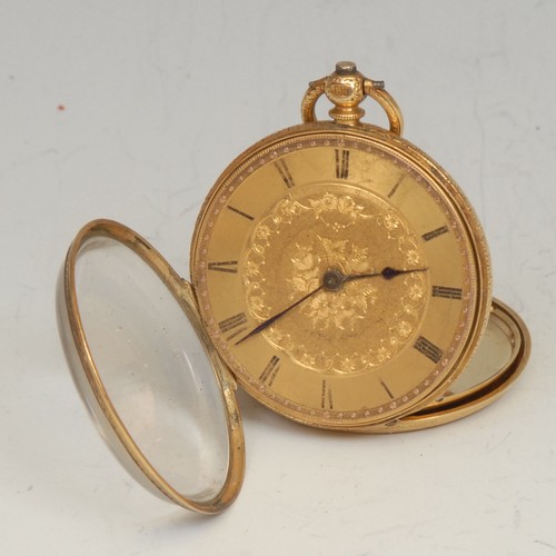 850 - A 19th century 18ct gold cased open face pocket watch, gilt floral dial, Roman numerals, blued spade... 