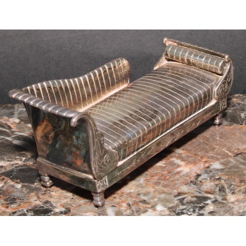 808 - An Elizabeth II silver miniature model, of a sofa or daybed, 9cm wide, London, 1953