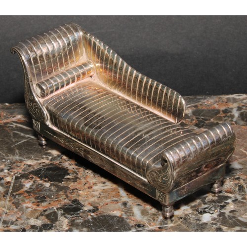 808 - An Elizabeth II silver miniature model, of a sofa or daybed, 9cm wide, London, 1953