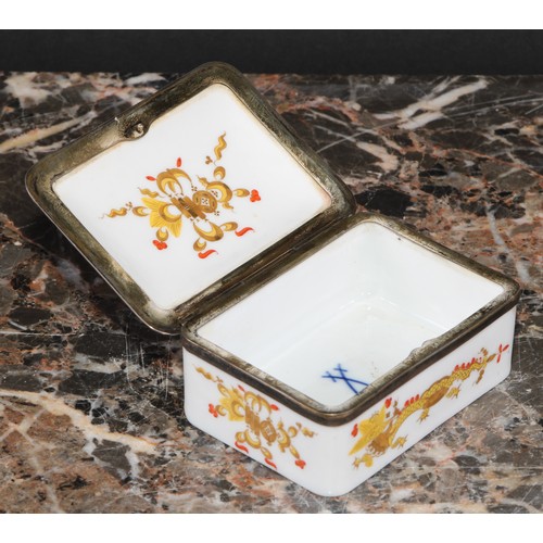 1214 - A 19th century German porcelain rounded rectangular snuff box, hinged cover decorated in yellow, red... 