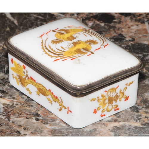 1214 - A 19th century German porcelain rounded rectangular snuff box, hinged cover decorated in yellow, red... 