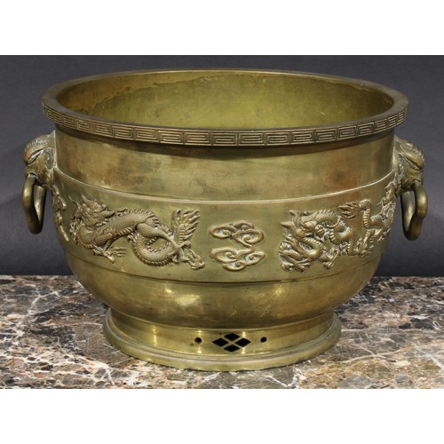 359 - A Chinese gilt bronze censer, cast and applied with a band of dragons and clouds, mask handles to si... 