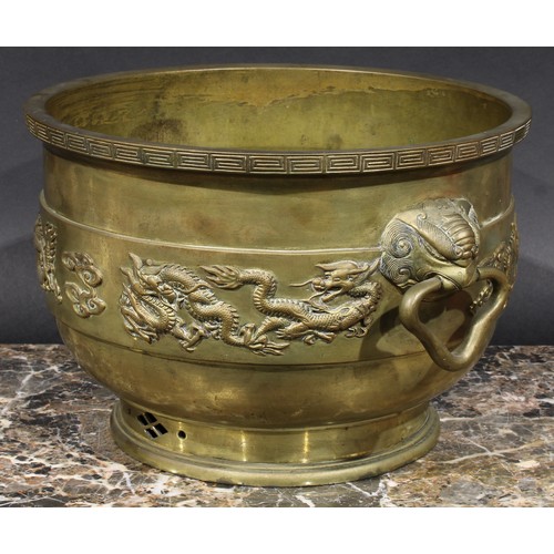 359 - A Chinese gilt bronze censer, cast and applied with a band of dragons and clouds, mask handles to si... 