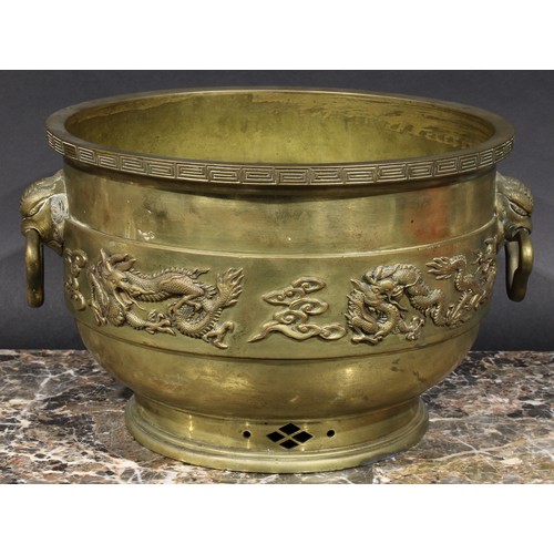 359 - A Chinese gilt bronze censer, cast and applied with a band of dragons and clouds, mask handles to si... 