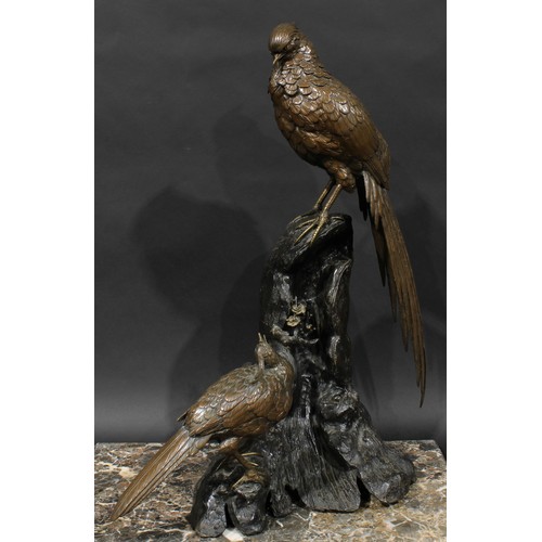 468 - Japanese School (Meiji period), a large brown patinated bronze group, exotic birds perched on a prun... 