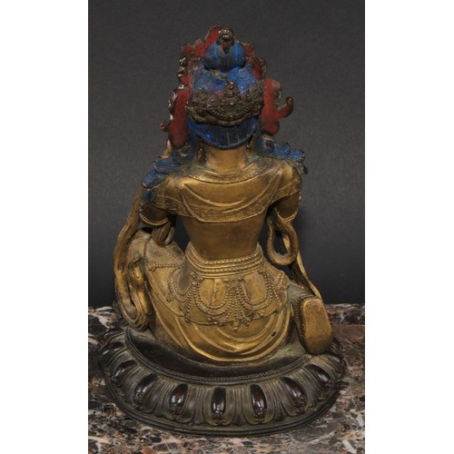 457 - Chinese School (19th century), a gilt and dark patinated bronze, Bodhisattva Tara, kneeling, lotus b... 