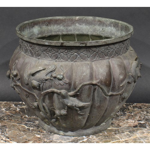 366 - A Japanese bronzed metal jardiniere, cast and applied with birds and fruiting branches, 21.5cm high,... 