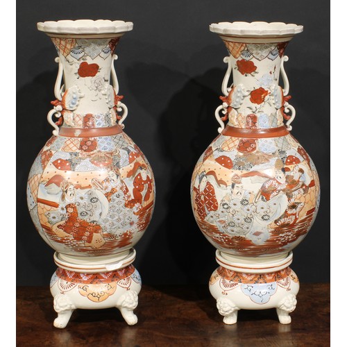 473 - A pair of Japanese Satsuma ovoid vases and stands, typically painted with figures and traditional mo... 