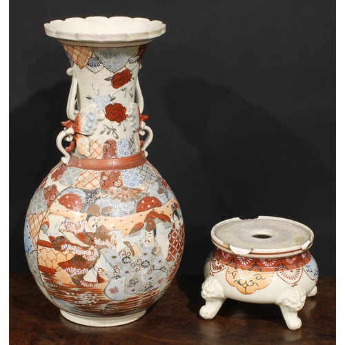 473 - A pair of Japanese Satsuma ovoid vases and stands, typically painted with figures and traditional mo... 