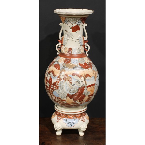 473 - A pair of Japanese Satsuma ovoid vases and stands, typically painted with figures and traditional mo... 