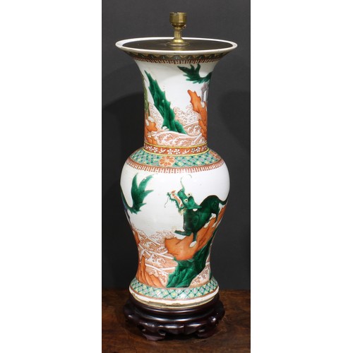 380 - A 19th century Chinese ovoid vase, mounted as a lamp, painted in the famille verte palette with myth... 