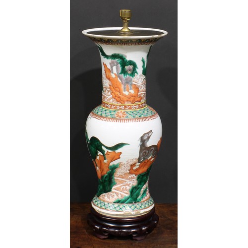 380 - A 19th century Chinese ovoid vase, mounted as a lamp, painted in the famille verte palette with myth... 