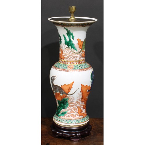 380 - A 19th century Chinese ovoid vase, mounted as a lamp, painted in the famille verte palette with myth... 