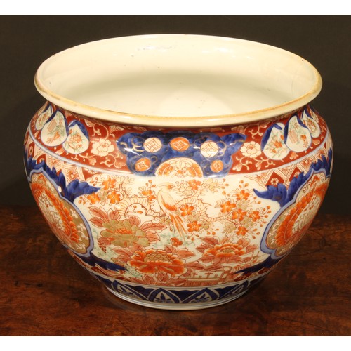 455 - A Japanese ovoid jardiniere, painted in the Imari palette, 26cm diam, Meiji period