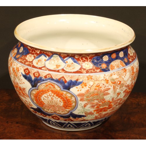 455 - A Japanese ovoid jardiniere, painted in the Imari palette, 26cm diam, Meiji period