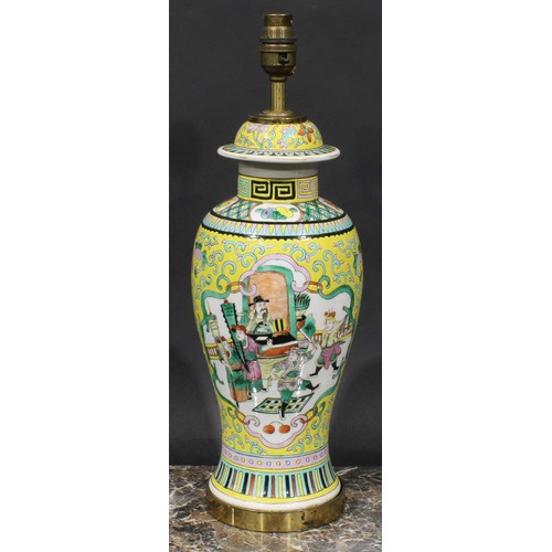 411 - A Chinese ovoid vase, mounted as a lamp, decoarted in polychrome enamels with figures of the court, ... 