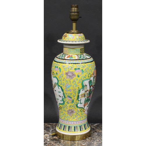 411 - A Chinese ovoid vase, mounted as a lamp, decoarted in polychrome enamels with figures of the court, ... 