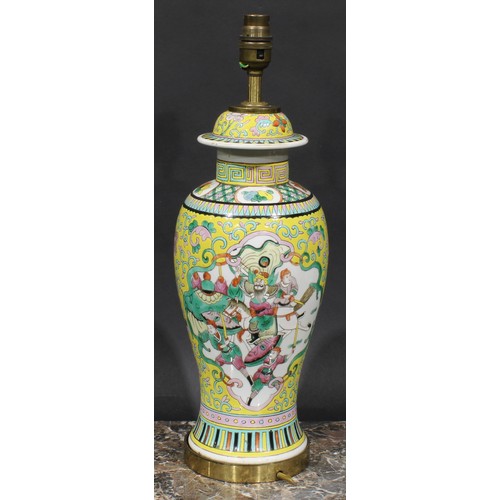 411 - A Chinese ovoid vase, mounted as a lamp, decoarted in polychrome enamels with figures of the court, ... 