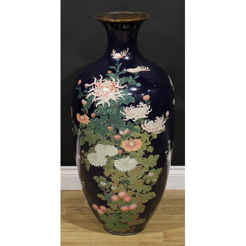 346 - A large Japanese cloisonné enamel floor vase, decorated in polychrome with flowers on a blue ground,... 