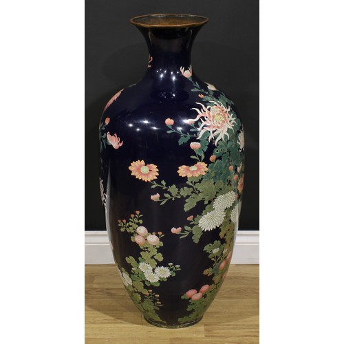 346 - A large Japanese cloisonné enamel floor vase, decorated in polychrome with flowers on a blue ground,... 