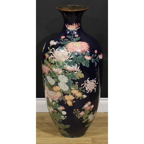 346 - A large Japanese cloisonné enamel floor vase, decorated in polychrome with flowers on a blue ground,... 